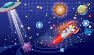 Animated red and white space rocket, planets and stars in the navy cosmos
