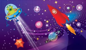 Animated red space rocket, planets and stars in the purple cosmos