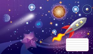 Animated silver and red space rocket, planets and stars in the purple cosmos
