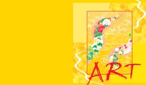 Red framed floral abstract design with wavy lines and hand drawn flowers on yellow