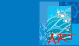 Red framed floral abstract design with wavy lines and colorful flowers on blue