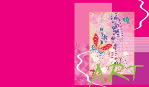 Yellow framed floral abstract design with red and green butterfly, colorful flowers, on pink