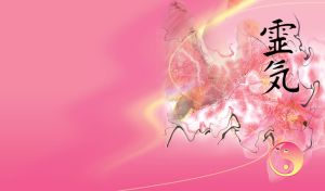 Closeup of blurred pink orchid petals on pink, black hieroglyphs and yin yang icon