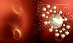 3D shiny spheres of white chrome pearl planets circulating the sun on a dark-red