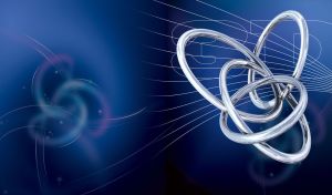 3D chrome metal rings on a trefoil knot on a blue background