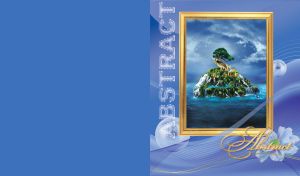 Abstract mossy island in the ocean with waterfalls, letters NATURE and lone tree on top