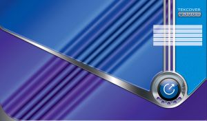 Blue and purple tech-cover with black and purple stripes and metal line