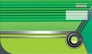 Green tech-cover with grey stripes and metal lines with a control button