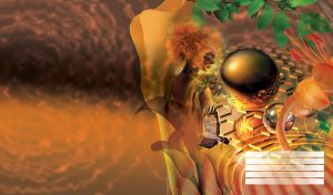 Ginger hair lady in a yellow dress and a carnival mask next to golden spheres