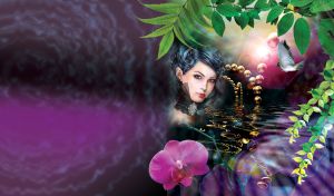 A black-haired lady with a golden brooch on the black lace choker in the dark water