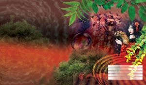 Black hair asian lady i with a hand fan next to green leaves and magic radiance