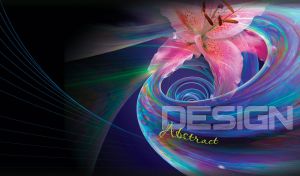 Swirly black and blue abstract design with a pink flower