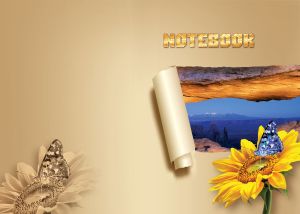Mountain view adorned with sunflower and blue butterfly on beige