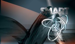 Abstract smart design with interlocking 3D reflective rings and teal background.