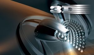 Abstract 3D design with spiraling metallic beads and dark teal background.