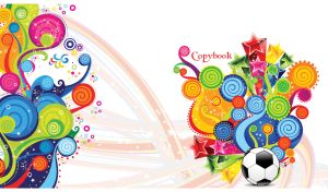 Football and abstract rainbow stars, circles and spirals on a white background
