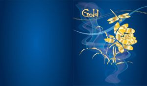 Golden lotus flower and a dragonfly on smoky dark blue