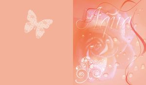 Rose with water drops, floral stencil and butterfly on the left, on pastel orange