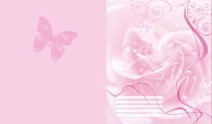Rose with water drops, swirl pattern and butterfly on the left, on pastel pink