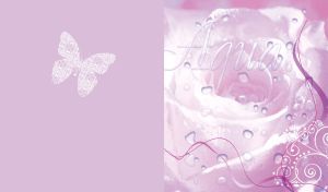 Rose with water drops, swirl stencil and butterfly on the left, on pastel purple