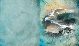 White crane flies over the stormy waters of the dark ocean