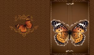 Top view of open winged Red Admiral Butterfly against brown swirl background