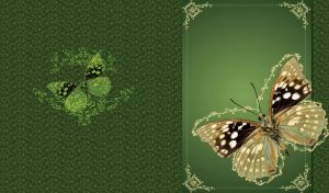 Top view of open winged Marbled White Butterfly against green swirl background