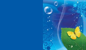 Yellow butterfly on a green leaf on a blue background with floral pattern