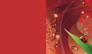 Red ladybug on a leaf on a maroon background with a tan and red swirl