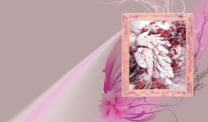 A couple of white peacocks within red foliage in the frame with pink flower decor