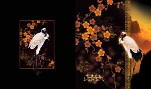 Red-crowned Japanese crane stands on one leg with orange flowers and foggy rocks