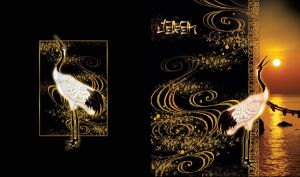 Red-crowned Japanese crane, beak open, with expressive feathers and abstract decor