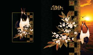 A pair of Japanese cranes with beaks up and open and with white flowers on black