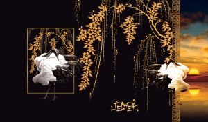 Black-necked Japanese crane cleaning himself, with ornamental flowers decor