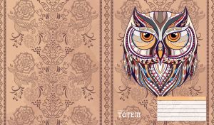 Mandala owl on a vintage light brown floral patterned wallpaper