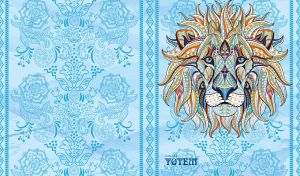 Mandala lion head on a vintage light blue floral patterned wallpaper