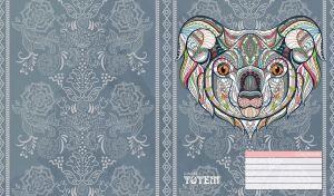 Mandala koala head on an oxford grey floral patterned wallpaper