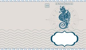 Dark blue nautical art with seahorse logo on with wind rose on pastel grey