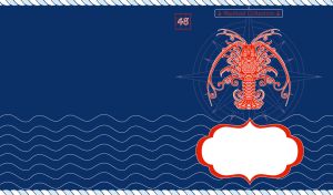 Red nautical art with lobster logo on with wind rose on navy blue