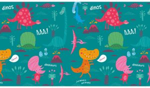 A cartoon seamless pattern of happy and colorful dinosaurs on a teal background