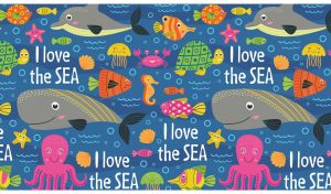 A cartoon seamless pattern of happy sea dwellers on a navy blue background