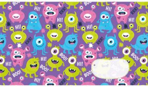 A cartoon seamless pattern of happy little monsters on a violet background