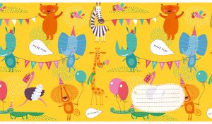 A cartoon seamless pattern of a happy African animal party on a yellow backdrop