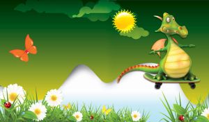 Dragon flies on a skateboard against the green sky and the white hills