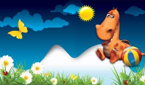 Orange dragon sits next to a beach ball on the white hills against the navy sky