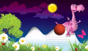 Pink dragon plays basketball on the white hill against the sunny purple-blue sky