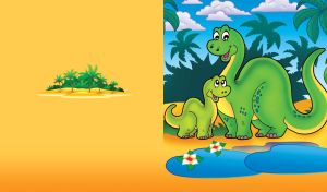 Green cartoon brachiosaurus and its child at the blue oasis in the yellow desert