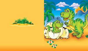 Green cartoon tyrannosaurus rex and its new hatched baby in the yellow desert