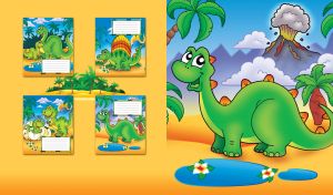 Green cartoon stegosaurus the blue oasis against the erupting volcano