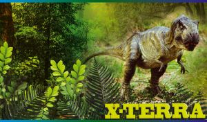 Tyrannosaurus-Rex dinosaur on the hunt in a yellow-green jungle